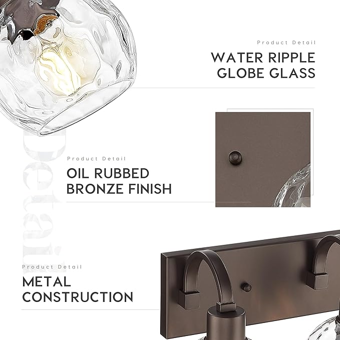 Emliviar 3-Light Bathroom Light Fixtures Over Mirror for Living Room, Hallway, Farmhouse Oil Rubbed Bronze Vanity Light with Water Grain Globe Glass, YCE237BG-3W ORB