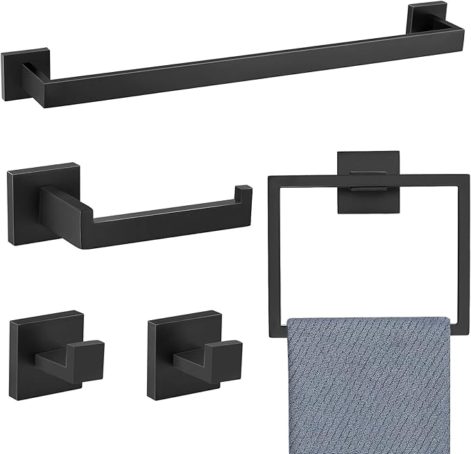 5 Pieces Bathroom Hardware Accessories Set Black Towel Bar Set Towel Holder Racks Set for Bathroom,SUS304 Stainless Steel,Wall Mounted 23.6-Inch