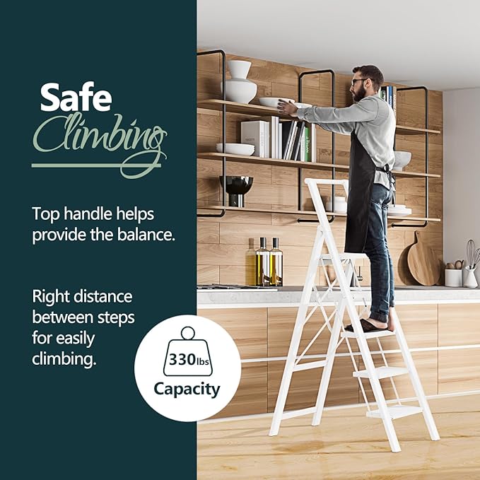 WOA WOA 5 Step Ladder for 10 Feet High Ceiling, Lightweight Foldable Ladder with Non-Slip Wide Pedals, Step Stool with Safe Handrail, Space Saving for Home, Kitchen, Indoor & Outdoor 300lbs - White