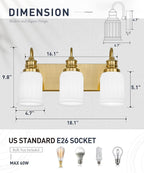 3-Light Bathroom Light Fixture, HWH Modern Vanity Light, Brushed Gold Wall Light Over Mirror, Frosted White Bell-Shaped Glass, 5HZG106B-3W BG