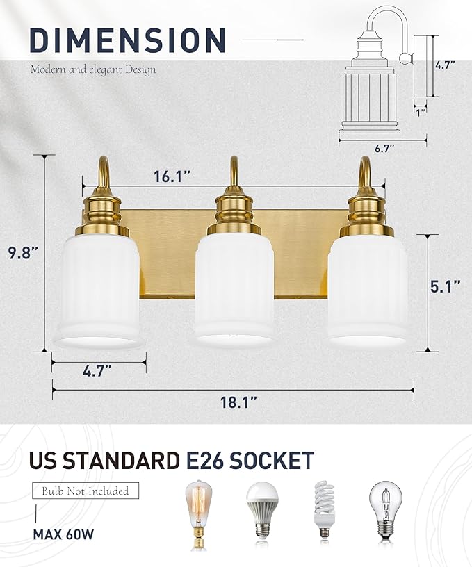 3-Light Bathroom Light Fixture, HWH Modern Vanity Light, Brushed Gold Wall Light Over Mirror, Frosted White Bell-Shaped Glass, 5HZG106B-3W BG