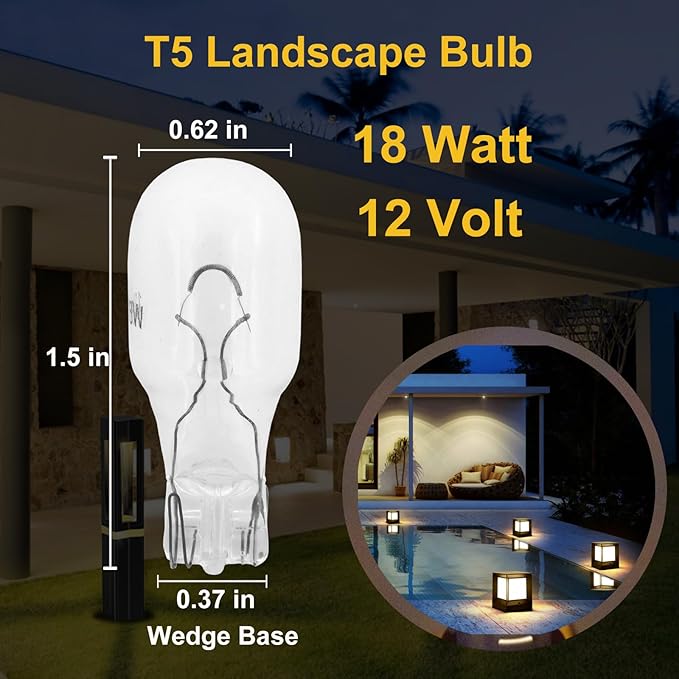 12 Pack 18 Watt T5 T10 Landscape Light Bulbs,12 Volt Low Voltage Clear Incandescent Light Bulb for Outdoor Landscape Lighting,RV, Under Cabinet Light Bulbs,Warm White Wedge Bulb