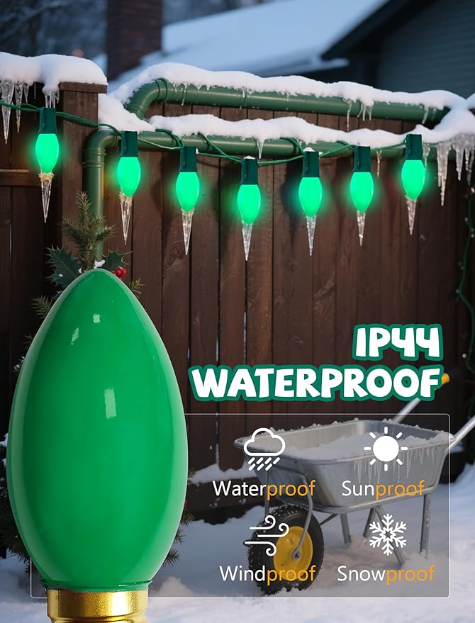 C9 Green Christmas Light Bulbs, 25 Pack C9 Incandescent Replacement Bulbs for Christmas String Light, Candle Lamps, E17 Intermediate Base, 7Watt Night Lights Bulbs