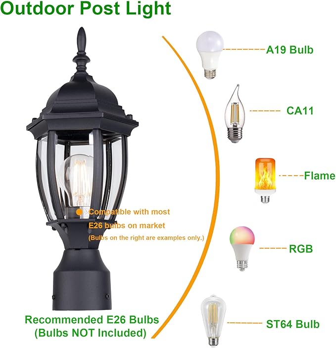 LIT-PaTH Outdoor Post Lighting Fixture Pole Lantern, E26 Medium Base Max 60W, Aluminum Housing Plus Glass, Matte Black Finish, 2-Pack