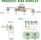 DORESshop 4-Light Vanity Light Fixtures, Nickel Bathroom Light Fixtures Over Mirror with Clear Glass Shade, Modern Vanity Lights for Living Room Bedroom