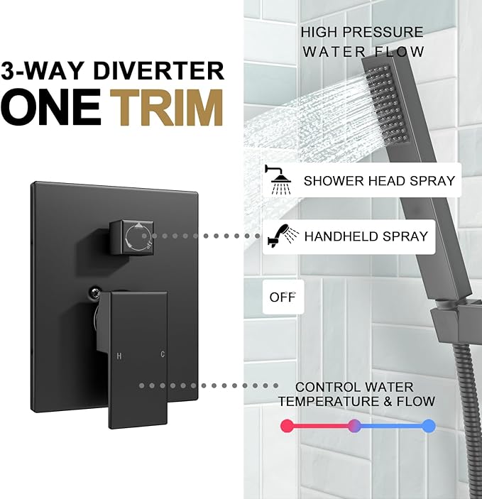 Lava Odoro Modern 2-Setting Square Shower System with Rain Shower Head and Handheld Spray Black, Rainfall Shower Faucet Set Chrome, Shower Valve and Trim Kit, Polished Chrome SF103-MB