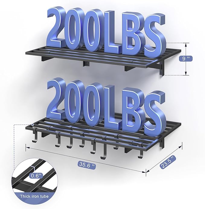 2-Pack 2x3ft Garage Shelving Wall Mounted, 2' x 3' Heavy Duty Garage Storage Shelves with Hooks, 400LB Capacity