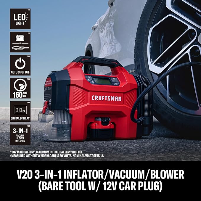 CRAFTSMAN 3-in-1 Tire Inflator Kit with Battery & Charger, 160 PSI Portable Air Compressor, Car Vacuum & Dust Blower with LED Light (Includes 4.0Ah Battery & 12V Charger)