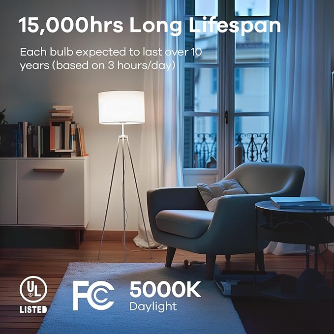 Linkind A19 LED Light Bulbs Dimmable, 100W Equivalent, E26 Base, 5000K Daylight, 15.5W 1600 Lumens CRI80+, 120V, UL Listed FCC Certified, LED Lights for Bedroom Living Room Home Office, 6 Packs