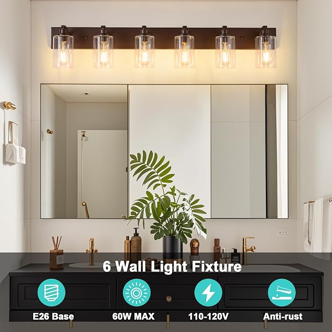 6-Light Bathroom Light Fixtures Modern ORB Vanity Lights for Bathroom Lighting Fixtures Over Mirror with Clear Glass Shade for Cabinet Mirror Bedroom Hallway