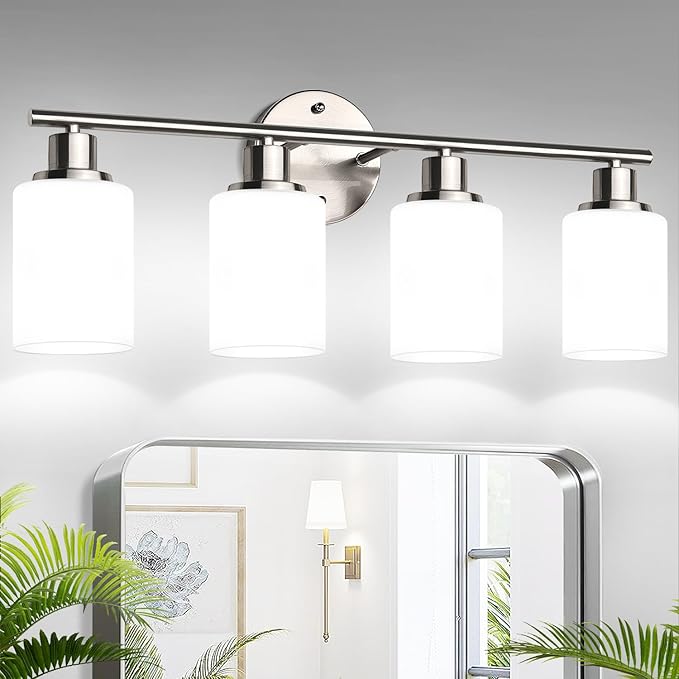 4-Light Bathroom Light Fixtures, Brushed Nickel Modern Vanity Lights with Milky White Frosted Glass Shades, Bathroom Wall Lamp for Mirror Kitchen Living Room