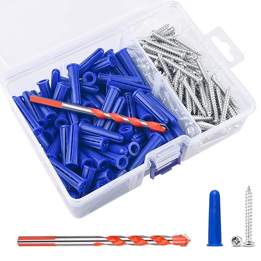 Concrete Anchors Kit - 100Pcs Drywall Anchors & 100Pcs Screws with Bit for Stucco, Masonry, Brick & Dry Wall