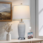 25" Vintage Farmhouse Jar Table Lamps, Single Rustic Bedside Lamp with USB A+C Ports & AC Outlet, Nightstand Lamps for Living Room, Bedroom, End Table, Grey White(LED Bulb Included)