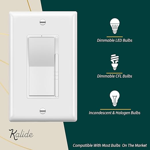 TOPGREENER Kalide Dimmer Light Switch, LED Dimmer Switch, Full Range Dimming, Single Pole/3-Way, 120VAC, 60Hz, 300W LED/CFL, Neutral Wire Not Required, Wall Plate Included, White