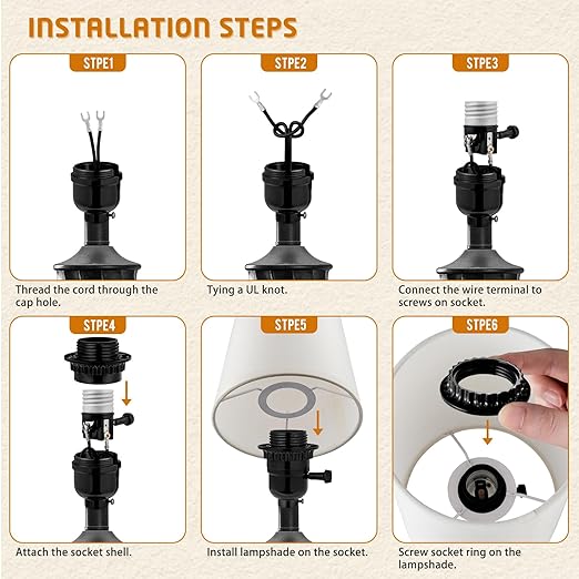 UL Listed E26 Light Socket Replacement with 3-Position Knob Switch for Brigtness Setting, 2 Lamp Shade Rings and Other Lamp Repair Parts, Compatible with Table Lamp, Floor Lamplight Fixture,Black (2)