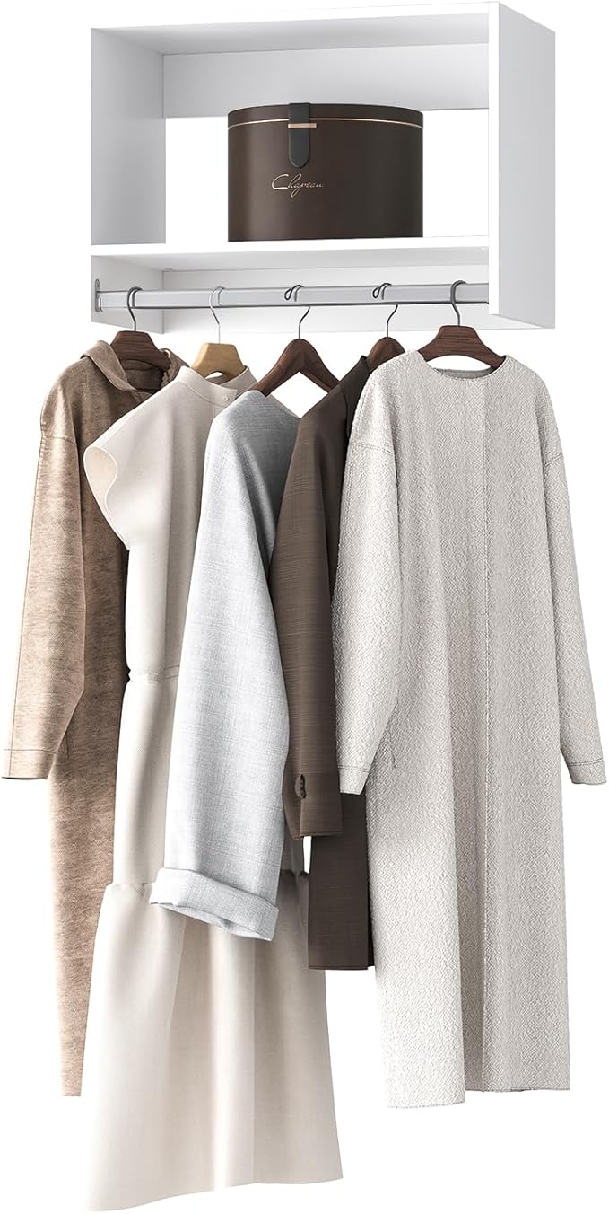 Tall Hanging Closet Unit, Modular Closet System, Wood Closet System Organizer with Storage for Walk In Closets, Clothing Rack Wardrobe Closet for Hanging Clothes, Bedroom, White, 25.5"W