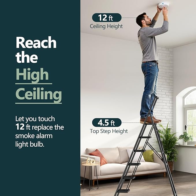 WOA WOA 6 Step Ladder for 12 Feet High Ceiling, Lightweight Foldable Ladder with Non-Slip Wide Pedals, Stepladder with Safe Handrail, Space Saving for Home, Kitchen, Indoor & Outdoor 300lbs - Black