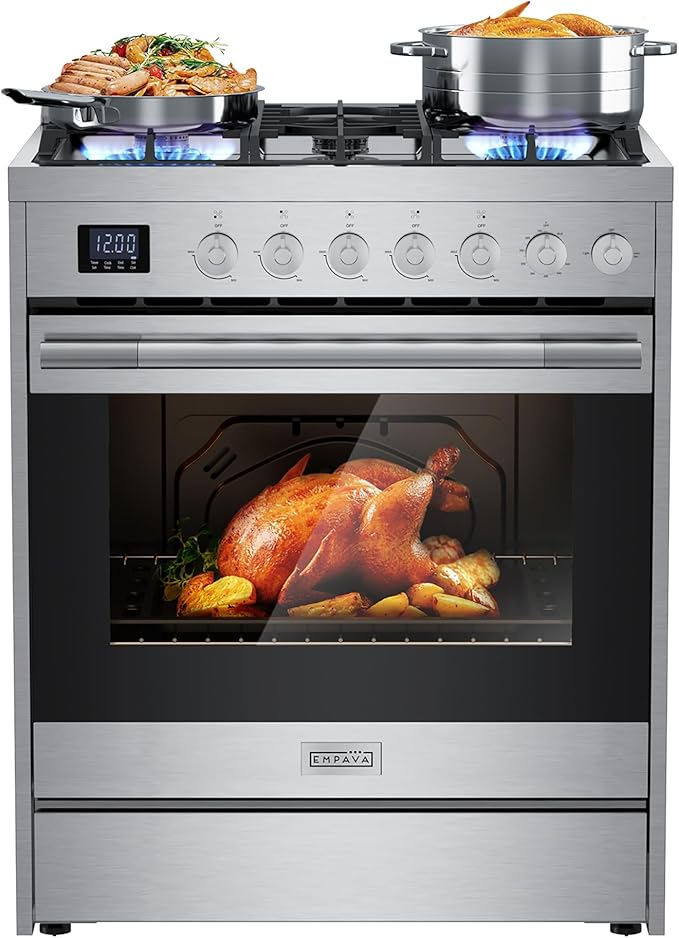 Empava Gas Range, Convection Oven 5.0 Cu. Ft with Touch Timer, 5 Deep Recessed Burners Cooktop, Heavy Duty Continuous Grates in Stainless Steel, Freestanding & Slide-in,30 Inch