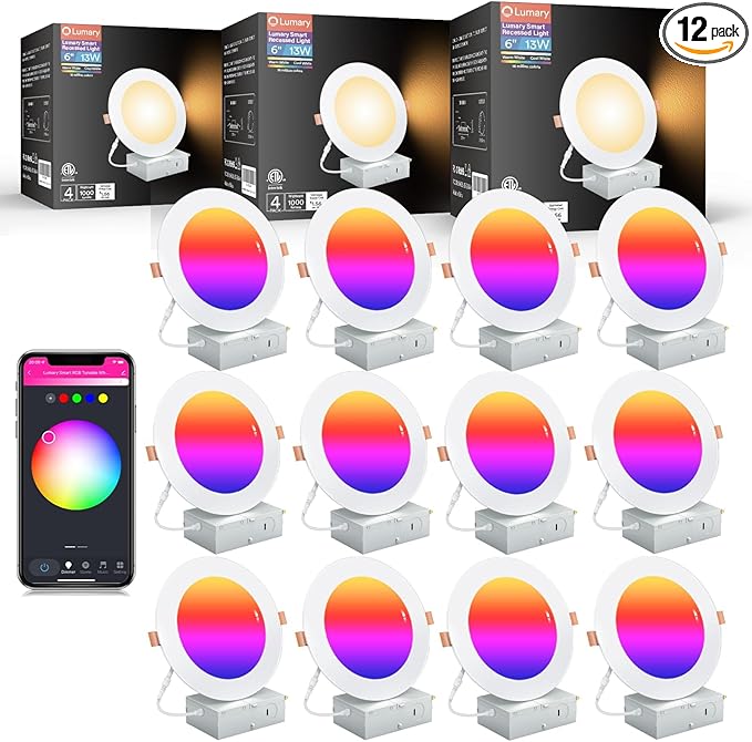 Lumary 6 Inch Ultra-Thin Smart Recessed Lighting, 13W 1000LM RGBWW Smart Wafer Lights with Junction Box, Compatible with Alexa/Google Assistant/BT Remote, ETL Listed, 12 Pack