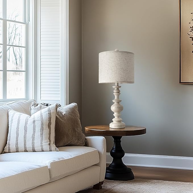 BOBOMOMO 24" Farmhouse Resin Table Lamp Set of 2, Vintage Lamps for Living Room Bedroom with Linen Shades, Traditional Rustic Bedside Lamps Retro Table Lamps for Living Room, Bedroom, Office