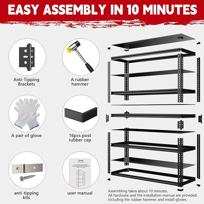 Heavy Duty Garage Shelving Unit 3000LBS, Adjustable 5-Tier Storage Rack with Boltless Design, 72" H X 45.2" W X 18.9" D Aluminum Metal Shelves for Basement, Garage & Warehouse Storage