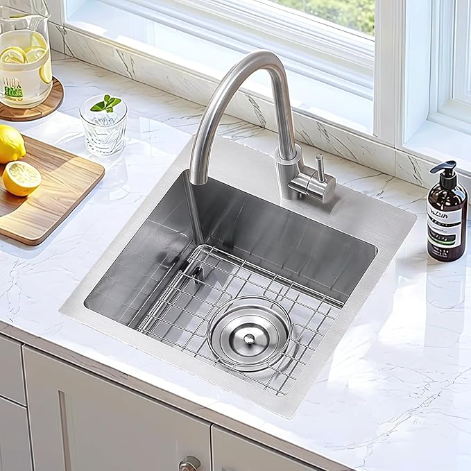 SHACO 15x15 Inch Drop In Bar Sink, Topmount 16 Guage Handmade Stainless Steel Square Small Sink for Wet Bar Prep Small Kitchen RV Outdoor