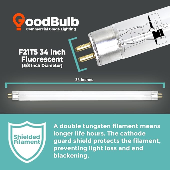 GoodBulb 21-Watt 34 Inch T5 Fluorescent Light Bulb 4100K Cool White Color Medium Bi-Pin Base 2100 Lumens 85 CRI 36000 Life Hours Instant/Programmed Start Pack of 40 Bulbs