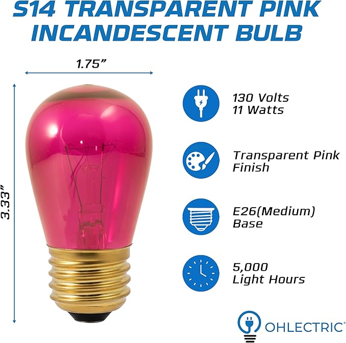 OHLECTRIC Transparent Pink Night Light Bulbs (10-Pack) 11W S14 Sign Bulb, Decorative Light Bulbs, E26 Medium Base, Colorful Bulbs, Dimmable, Sign Replacement Lamp for Indoor & Outdoor Use.Avg Hrs 5000