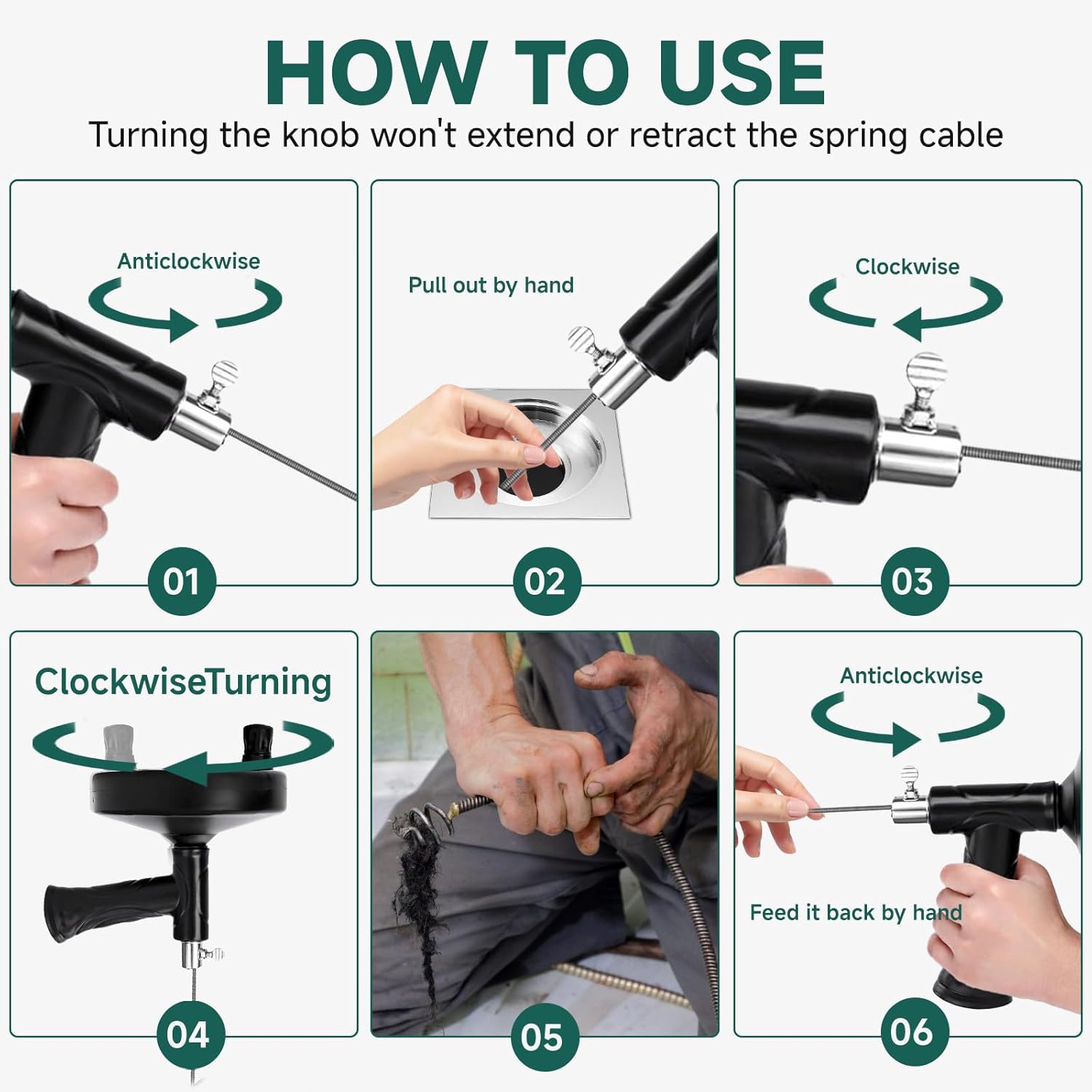 Drain Snake Auger 33 Feet，Spiral Drill Drain Cleaner for Toilet, Sink, Shower & Bathtub，Hair & Blockage Removal Tool ，Reusable Eco-Friendly Kit with Gloves & Safety Glasses