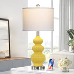 Triple Gourd Ceramic Table Lamps Set of 2, Modern Yellow Bedside Lamps with USB A+C Ports & AC Outlet, 3 Way Touch Control Contemporary Nightstand Lamps for Bedroom Living Room