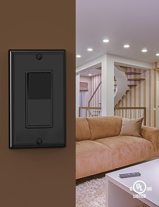 AIDA 4 Way Switch Decorative Light Switch, 15Amp, 120/277 Volt, AC Decorator Rocker Switch, Wall Plate Included, Self-Grounding, Residential and Commercial Grade, UL Listed (10 Pack, Glossy Black)