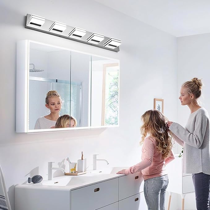 LED Vanity Lighting 30W Lights for Mirror 5 Light Bath Wall Lamps 34 Inch Bathroom Sink Lights over Vanity Modern Long Bath Lights Bars Chrome Wall Sconces Light for Bathroom Restroom 6000K