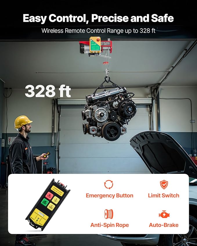 VEVOR Electric Hoist, 1760 lbs 120V Electric Winch with 328 ft Wireless Remote Control, 40 ft Single Cable Lifting Height, Single/Double Slings, Emergency Stop, Lift Hoist for Garage Warehouse Factory
