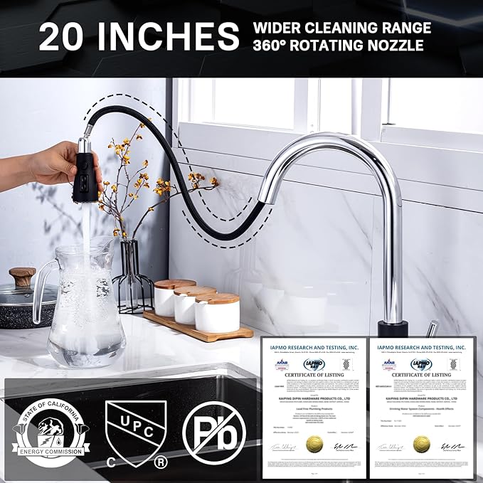 WEWE Kitchen Sink Faucet, Pull Down Kitchen Faucet, Black and Chrome Kitchen Faucet with Sprayer Stainless Steel Single Handle one or Three Hole for Laundry bar Kitchen Sinks