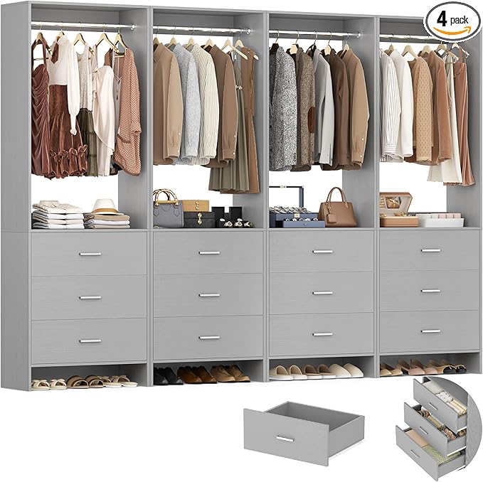 Aheaplus Closet System Closet Organizer, Wood Closet Organizer System, Walk-in Closet or Small Closets Wardrobe, Clothes Rack with Hanging Rods, 8FT Closets, Set of 4, Grey