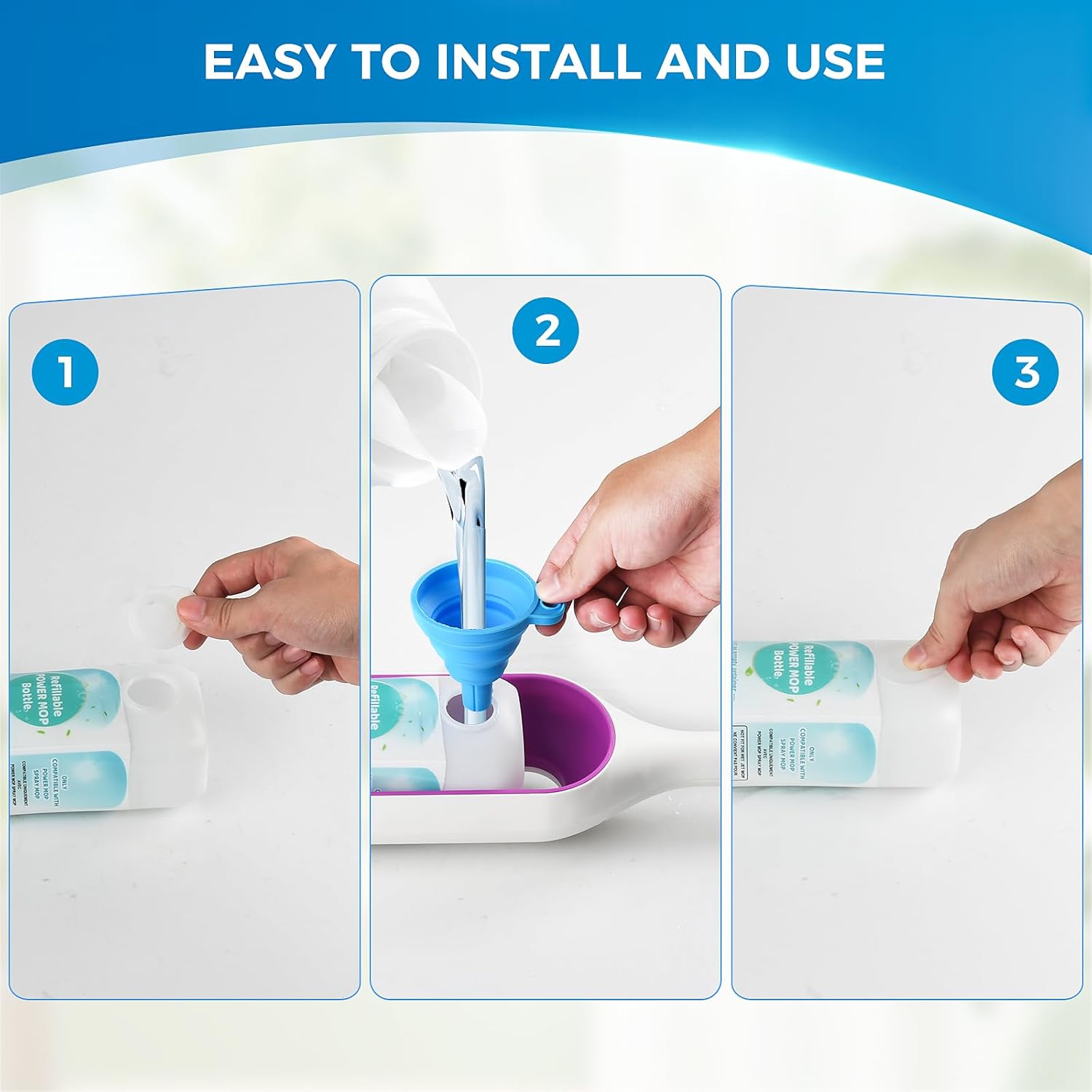 Refillable Bottle for Swiffer Power Mop - 720 ML/24 FL OZ - Leak-Proof HDPE Material Solution Bottle, 1 Empty Bottle + 6 Silicone Pads + 1 Foldable Funnel