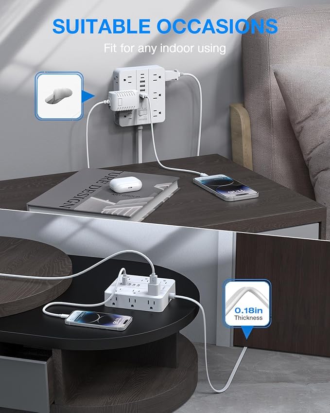 Power Strip with USB Ports, HUNIAN 5Ft Flat Plug Extension Cord Surge Protector, 12 Widely Outlet Extender with 6 USB Charger (2 USB C Ports), Desk Charging Station for Home, Office Supplies