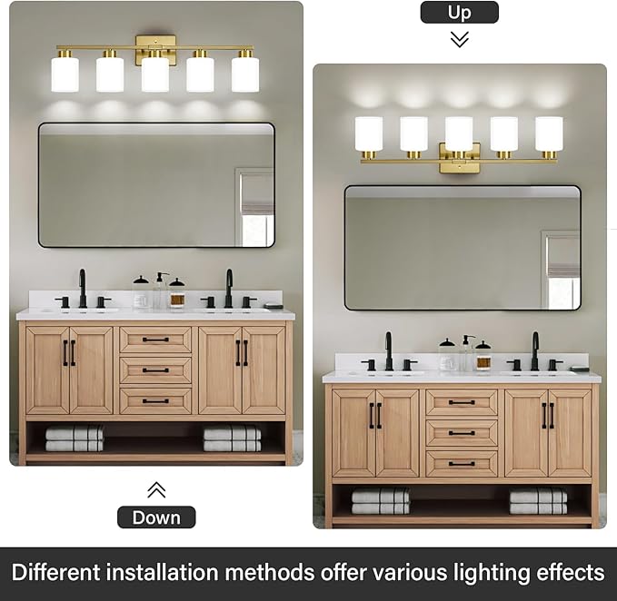 Brushed Gold Bathroom Light Fixtures, 5-Light Modern Vanity Light Over Mirror, Wall Sconces with Milky White Frosted Glass Shades, E26 Socket (Bulbs Not Included)