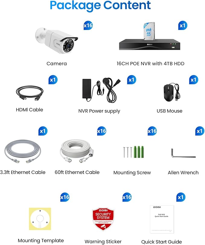 ZOSI 32CH 4K PoE Security Camera System,16 x 8MP Indoor Outdoor Cameras,One-Way Audio,People Counting,Person/Vehicle Detection,16 Port 32-Channel NVR with 4TB HDD for Commercial 24/7 Recording