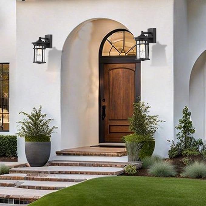 Outdoor Wall Sconces, Exterior Lantern Lighting Fixture, Mounted Lights for Patio, Porch, Garden, Balcony (Black, 12" H-2Pack)
