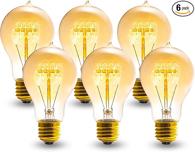 A19 Edison Light Bulb,E26 Incandescent Light Bulbs 60W Antique Vintage Bulb,2200K Dimmable Warm White 280 Lumens Amber Retro Decorative Old Fashioned Incandescent Bulb,Squirrel Cage 6 Pack
