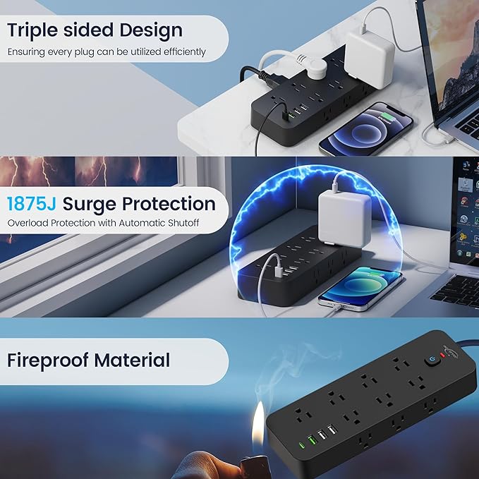 Surge Protector Power Strip with USB Ports, 14 AC Outlets with 4 USB Ports (1 USB C), 5 Feet Cord with Multiple outlets, 1875W/15A, One Touch Switch Button, Wall Mountable for Home, Office-Black