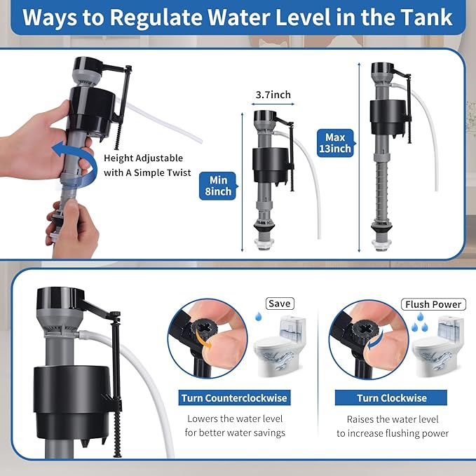 4 Pieces Adjustable Toilet Fill Valve Replacement Kit with Gloves, Quiet Toilet Flush Valve for Tank and Bowl, Universal Toilet Valve Replacement Set (8–13 in, G15/16")