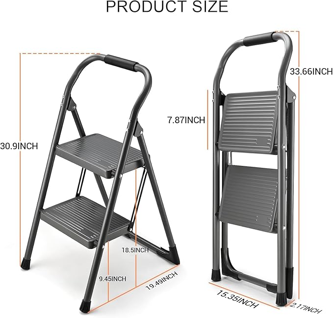 Step Stool for Adults,2 Step Ladder Folding 330lbs Anti Slip Step Stool,Foldable Ergonomic 2 Steel Stool with Wide Pedal for Home, Kitchen, Office (Gray)