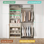 [10 FT Closet System] Reversible Set of 2 Wood Closet Organizer System with 2 Drawers, 4 Hanging Rods Adjustable Shelf, Walk In Closet Organizers with Shoe Rack, Garment Rack Clothes Rack, White Oak