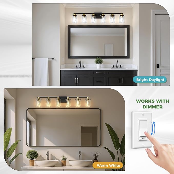 DORESshop Bathroom Light Fixtures, 6-Light Gold and Black Bathroom Lighting Fixtures Over Mirror with Clear Glass Shade, Vanity Lights for Hallway Living Room Bedroom