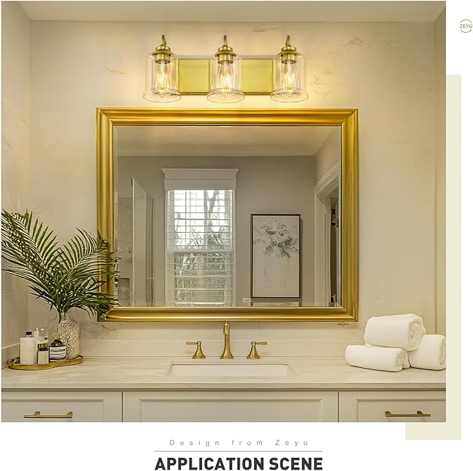 zeyu 21 Inch Gold Bathroom Light Fixtures, 3 Light Bathroom Vanity Light, Modern Vanity Light with Clear Glass Shade, Brushed Gold Finish, ZSL72B-3W BG