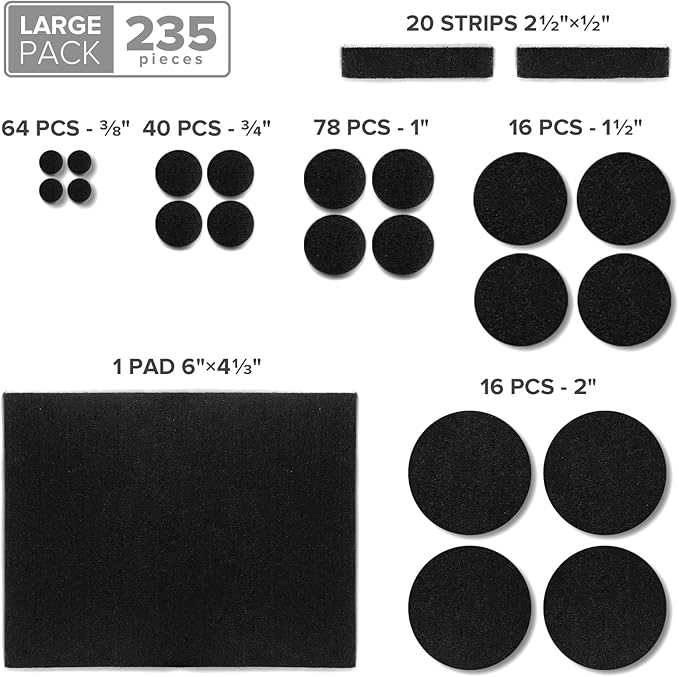 Felt Furniture Pads 235 PCS X-Protector! Huge Quantity of Black Furniture Pads for Hardwood Floors with Many Big Sizes – Your Ideal Wood Floor Protectors for Furniture.