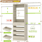 Aheaplus 4-9Ft Closet System, Closet Organizer with 4 Wooden Drawers, Wood Closet Organizer System with Tower, Walk-in Closet Organizer Wardrobe and Storage with 4 Hanging Rods, White Oak