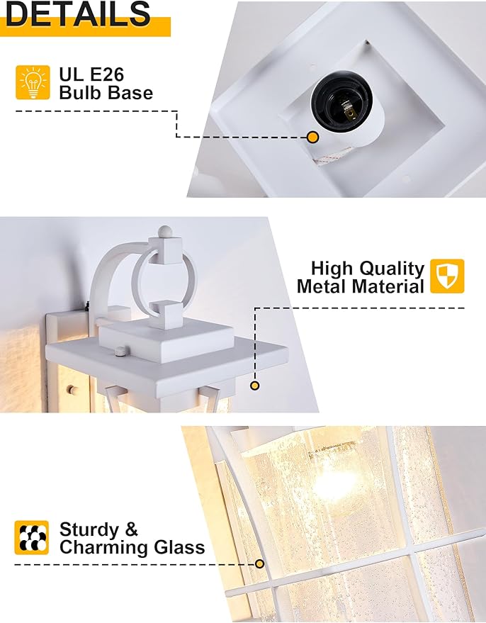 White Outdoor Wall Light Dusk to Dawn Lantern Exterior Fixtures Wall Mount Porch Sconce Light with Photocell Sensor Waterproof Modern Outside House Lighting for House, Patio, Garage, E26 Base